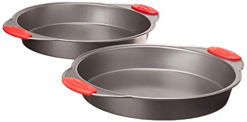 Amazon Basics Non-Stick, Round Cake Pan, 9-Inch, Gray with Red Grips, 2-Pack