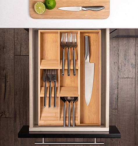 Compact Luxury Bamboo Silverware Organizer - 17" x 11.25" Bamboo Utensil Organizer for Silverware and Utensils - Compact Cutlery Organizer fits most Kitchen Drawers - Narrow Utensil Drawer Organizer