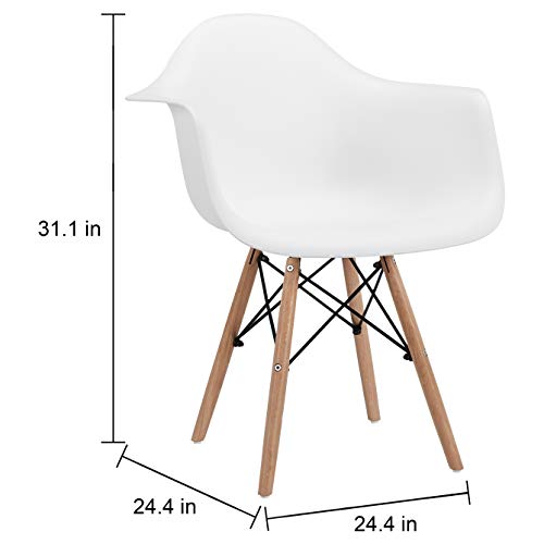 CangLong Natural Wood Legs Mid Century Modern DSW Molded Shell Lounge Plastic Arm Chair for Living, Bedroom, Kitchen, Dining, Waiting Room,2 PCs Pack- White, Set of 2, White
