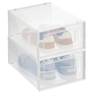 mdesign stackable plastic closet storage box with side opening panel- for organizing mens and womens shoes, booties, pumps, sandals, wedges, flats, heels, and accessories, 2 pack - white/clear