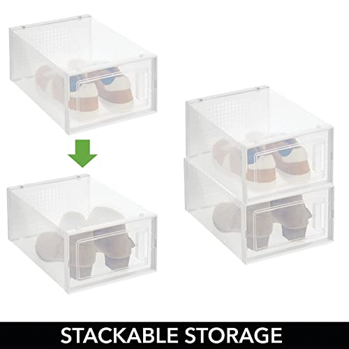 mDesign Stackable Plastic Closet Storage Box with Side Opening Panel- for Organizing Mens and Womens Shoes, Booties, Pumps, Sandals, Wedges, Flats, Heels, and Accessories, 2 Pack - White/Clear