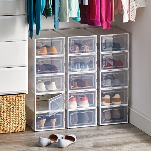 mDesign Stackable Plastic Closet Storage Box with Side Opening Panel- for Organizing Mens and Womens Shoes, Booties, Pumps, Sandals, Wedges, Flats, Heels, and Accessories, 2 Pack - White/Clear