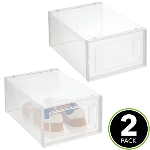 mDesign Stackable Plastic Closet Storage Box with Side Opening Panel- for Organizing Mens and Womens Shoes, Booties, Pumps, Sandals, Wedges, Flats, Heels, and Accessories, 2 Pack - White/Clear