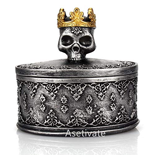 Aestivate Skeleton Head Black Skull Jewelry Box Holder Organizer with Crown Halloween Skeleton Decorations Home Skull Decor