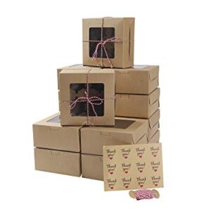 ST.LORIAN 15 Packs Bakery Cupcake Boxes with Window and Inserts 4 Holders,Twine and Stickers,6x6x3 Inch Food Grade Kraft Cookie Boxes for Muffins,Small Cakes,Cupcakes(15 Packs, Kraft)