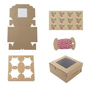 ST.LORIAN 15 Packs Bakery Cupcake Boxes with Window and Inserts 4 Holders,Twine and Stickers,6x6x3 Inch Food Grade Kraft Cookie Boxes for Muffins,Small Cakes,Cupcakes(15 Packs, Kraft)