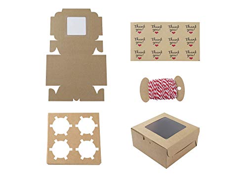 ST.LORIAN 15 Packs Bakery Cupcake Boxes with Window and Inserts 4 Holders,Twine and Stickers,6x6x3 Inch Food Grade Kraft Cookie Boxes for Muffins,Small Cakes,Cupcakes(15 Packs, Kraft)