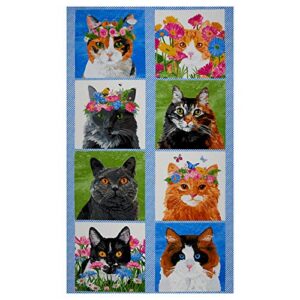 andover meow meadow cat 24'' panel blue quilt fabric, each (0664329)