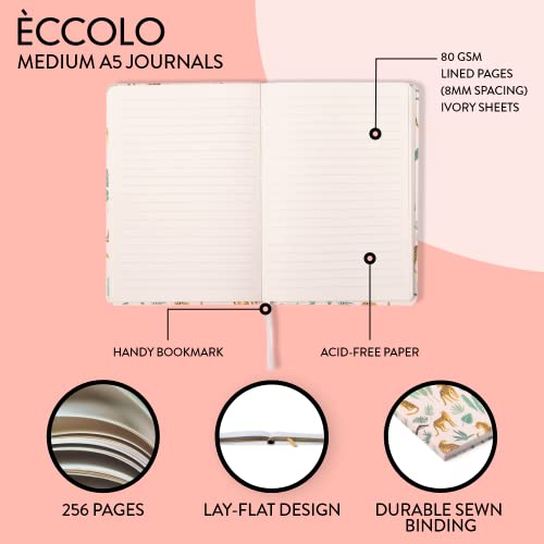 Eccolo Medium Lined Journal Notebook, Flexible Cover, A5 Writing Journal, 256 Ruled Ivory Pages, Ribbon Bookmark, Lay Flat, Notebook for Work or School, Cheetah (5.75-x-8.25 inches)