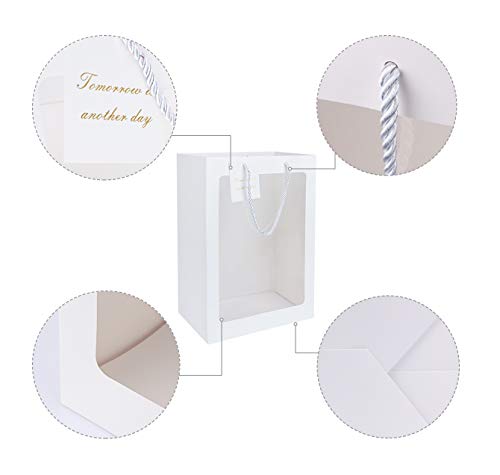 sdoot Gift Bags, Gift Bags with Transparent Window, 10pcs Tote Paper Bags, 7.9''×5.9''×11.8'' White Gift Bags with Handles Bulk, Wedding Party Bags