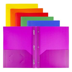 dunwell colored plastic folder with pockets and prongs - (assorted colors, 24 pack, 2 pockets 3 prongs), colorful folders with brads, office & school folders with fasteners, includes adhesive labels