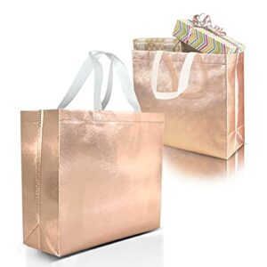 nush nush rose gold gift bags large size – set of 15 reusable rose gold gift bags with white handles - perfect as christmas gift bags, goodie bags, birthday gift bags, party favor bags –13wx5dx11h