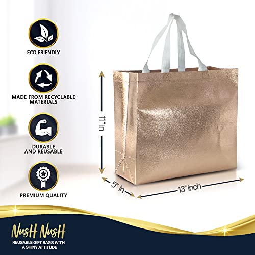 Nush Nush Rose Gold Gift Bags Large Size – Set of 15 Reusable Rose Gold Gift Bags With White Handles - Perfect As Christmas Gift Bags, Goodie Bags, Birthday Gift Bags, Party Favor Bags –13Wx5Dx11H