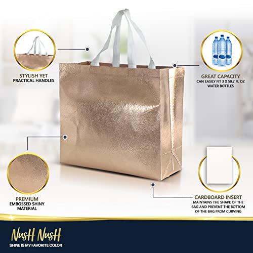 Nush Nush Rose Gold Gift Bags Large Size – Set of 15 Reusable Rose Gold Gift Bags With White Handles - Perfect As Christmas Gift Bags, Goodie Bags, Birthday Gift Bags, Party Favor Bags –13Wx5Dx11H