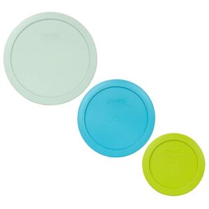 pyrex (1) 7402-pc muddy aqua, (1) 7201-pc surf blue, & (1) 7200-pc edamame green round plastic food storage replacement lids, made in usa