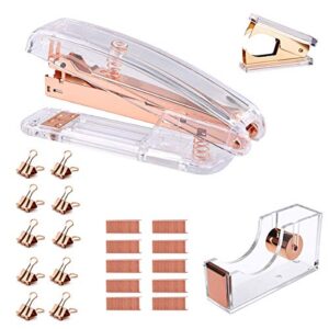 rose gold desk accessory kit - set of acrylic desktop stapler, staple remover, tape dispenser, staples and 10 pieces blinder clips for home school office supplies stationery desk supplies