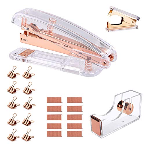 Rose Gold Desk Accessory Kit - Set of Acrylic Desktop Stapler, Staple Remover, Tape Dispenser, Staples and 10 Pieces Blinder Clips for Home School Office Supplies Stationery Desk Supplies