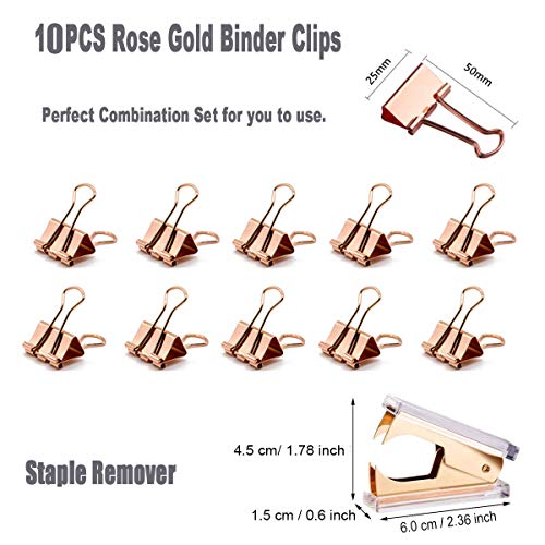 Rose Gold Desk Accessory Kit - Set of Acrylic Desktop Stapler, Staple Remover, Tape Dispenser, Staples and 10 Pieces Blinder Clips for Home School Office Supplies Stationery Desk Supplies