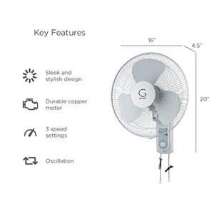 Genesis G16WALL 16 Inch Wall Fan, 3 Speed Settings, Max Cooling Technology, Oscillation