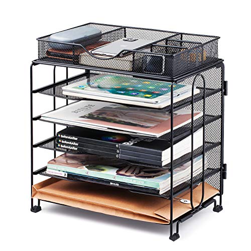 KEEGH Desk Paper Organizer File Tray, 5 Tier Desktop File Organizer Paper Storage Holder with Extra Drawer, Office Desk Organizers and Accessories for Letter/A4 | Screws Free Design