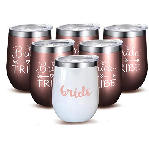 Bride to Be Champagne Flute | 12 oz Bride Tribe Stainless Steel Wine Tumblers | Engagement Wedding Gifts Bridesmaids Mugs Bachelorette Party Supplies & Games | Insulated Skinny Rose Gold Cups