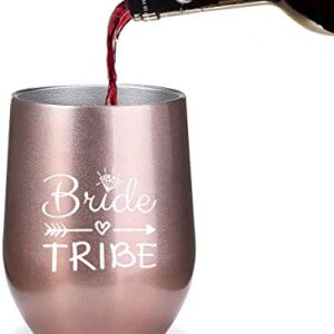 Bride to Be Champagne Flute | 12 oz Bride Tribe Stainless Steel Wine Tumblers | Engagement Wedding Gifts Bridesmaids Mugs Bachelorette Party Supplies & Games | Insulated Skinny Rose Gold Cups