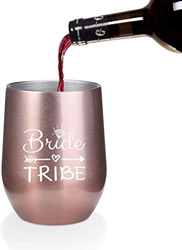 Bride to Be Champagne Flute | 12 oz Bride Tribe Stainless Steel Wine Tumblers | Engagement Wedding Gifts Bridesmaids Mugs Bachelorette Party Supplies & Games | Insulated Skinny Rose Gold Cups