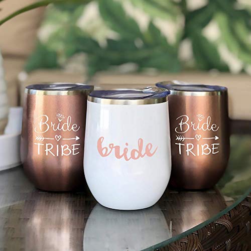 Bride to Be Champagne Flute | 12 oz Bride Tribe Stainless Steel Wine Tumblers | Engagement Wedding Gifts Bridesmaids Mugs Bachelorette Party Supplies & Games | Insulated Skinny Rose Gold Cups