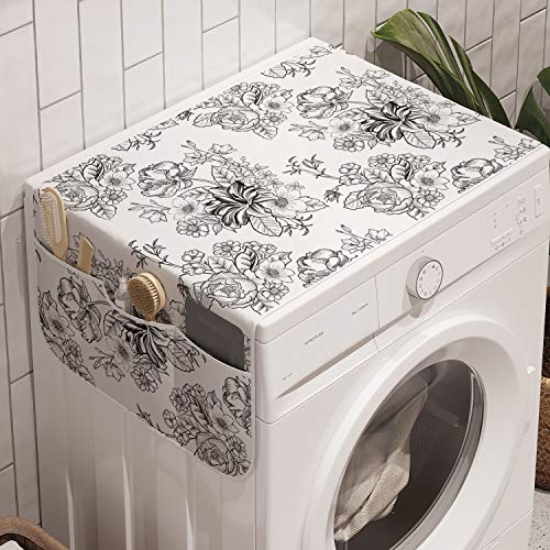 Ambesonne Botanical Washing Machine Organizer, Meadow Blossoms Peony Petals Rural Flourish Bouquets Leaf Field, Anti-slip Fabric Cover for Washers and Dryers, 47" x 18.5", Charcoal Grey and White