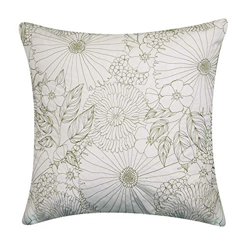 Edie At Home Fine Line Floral Embroidered Indoor & Outdoor Decorative Pillow, 18x18, Leaf/White