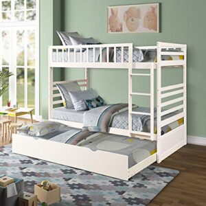 meritline twin over twin bunk bed for kids,detachable wood twin bunk bed frame with trundle,white