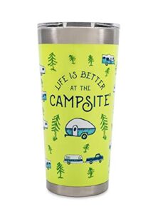 camco life is better at the campsite 20 oz. printed tumbler - offers superior ice and heat retention - features an rv sketch pattern on a green background (53321)