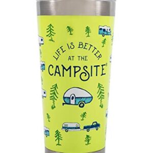 Camco Life is Better at The Campsite 20 oz. Printed Tumbler - Offers Superior Ice and Heat Retention - Features an RV Sketch Pattern on a Green Background (53321)