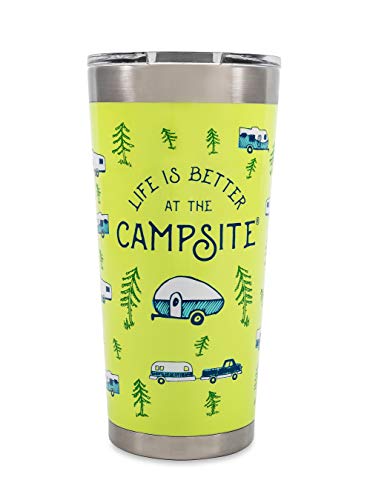 Camco Life is Better at The Campsite 20 oz. Printed Tumbler - Offers Superior Ice and Heat Retention - Features an RV Sketch Pattern on a Green Background (53321)