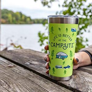 Camco Life is Better at The Campsite 20 oz. Printed Tumbler - Offers Superior Ice and Heat Retention - Features an RV Sketch Pattern on a Green Background (53321)