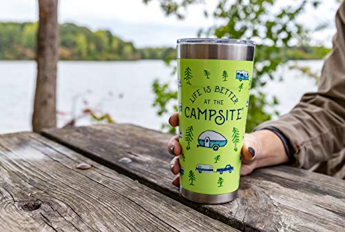 Camco Life is Better at The Campsite 20 oz. Printed Tumbler - Offers Superior Ice and Heat Retention - Features an RV Sketch Pattern on a Green Background (53321)