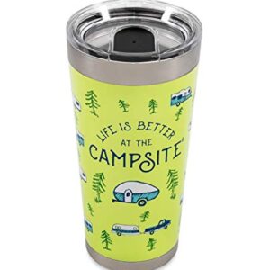 Camco Life is Better at The Campsite 20 oz. Printed Tumbler - Offers Superior Ice and Heat Retention - Features an RV Sketch Pattern on a Green Background (53321)