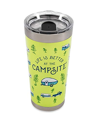 Camco Life is Better at The Campsite 20 oz. Printed Tumbler - Offers Superior Ice and Heat Retention - Features an RV Sketch Pattern on a Green Background (53321)