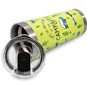 Camco Life is Better at The Campsite 20 oz. Printed Tumbler - Offers Superior Ice and Heat Retention - Features an RV Sketch Pattern on a Green Background (53321)