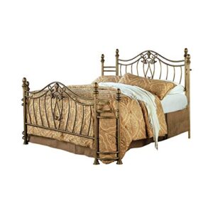 benjara metal queen headboard and footboard with swirling floral motifs, antique gold