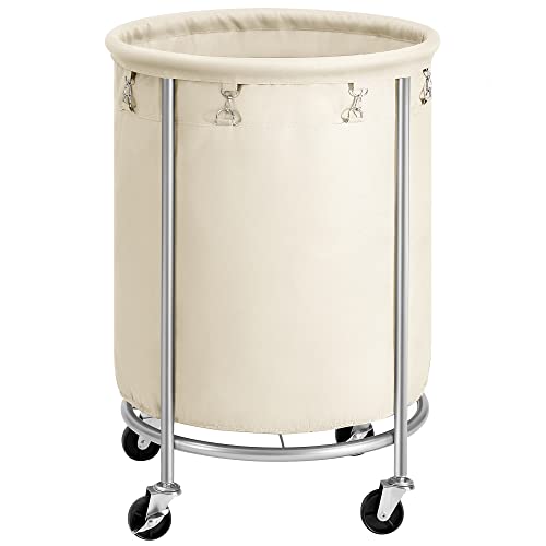 SONGMICS Laundry Basket with Wheels, Rolling Laundry Hamper, Round Laundry Cart with Steel Frame and Removable Bag, 4 Casters and 2 Brakes, Cream and Silver URLS01MZ