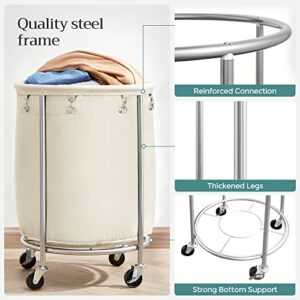 SONGMICS Laundry Basket with Wheels, Rolling Laundry Hamper, Round Laundry Cart with Steel Frame and Removable Bag, 4 Casters and 2 Brakes, Cream and Silver URLS01MZ