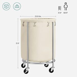 SONGMICS Laundry Basket with Wheels, Rolling Laundry Hamper, Round Laundry Cart with Steel Frame and Removable Bag, 4 Casters and 2 Brakes, Cream and Silver URLS01MZ