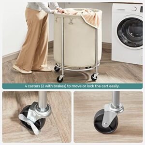 SONGMICS Laundry Basket with Wheels, Rolling Laundry Hamper, Round Laundry Cart with Steel Frame and Removable Bag, 4 Casters and 2 Brakes, Cream and Silver URLS01MZ