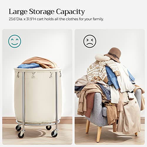 SONGMICS Laundry Basket with Wheels, Rolling Laundry Hamper, Round Laundry Cart with Steel Frame and Removable Bag, 4 Casters and 2 Brakes, Cream and Silver URLS01MZ