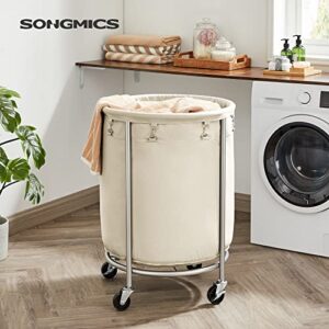 SONGMICS Laundry Basket with Wheels, Rolling Laundry Hamper, Round Laundry Cart with Steel Frame and Removable Bag, 4 Casters and 2 Brakes, Cream and Silver URLS01MZ