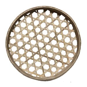 100% Handwoven Flat Wicker Round Fruit Basket Woven Food Storage Weaved Shallow Tray Organizer Holder Bowl Decorative Rack Display Kids DIY Drawing Board (Hexagon Hollow-Bamboo-White, 18cm/7")