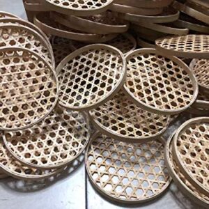 100% Handwoven Flat Wicker Round Fruit Basket Woven Food Storage Weaved Shallow Tray Organizer Holder Bowl Decorative Rack Display Kids DIY Drawing Board (Hexagon Hollow-Bamboo-White, 18cm/7")