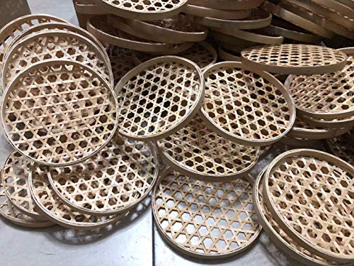 100% Handwoven Flat Wicker Round Fruit Basket Woven Food Storage Weaved Shallow Tray Organizer Holder Bowl Decorative Rack Display Kids DIY Drawing Board (Hexagon Hollow-Bamboo-White, 18cm/7")