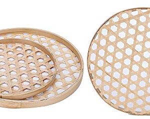 100% Handwoven Flat Wicker Round Fruit Basket Woven Food Storage Weaved Shallow Tray Organizer Holder Bowl Decorative Rack Display Kids DIY Drawing Board (Hexagon Hollow-Bamboo-White, 18cm/7")